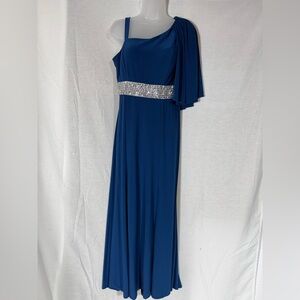 R & M Richards Royal Blue One-Shoulder Evening Gown with Rhinestone Waist